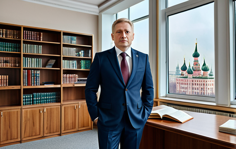 **

"A professional lawyer in a modest business suit, standing confidently in a modern Moscow law office with bookshelves and large windows overlooking the city, fully clothed, appropriate attire, safe for work, perfect anatomy, natural proportions, professional photography, high quality, family-friendly."

**