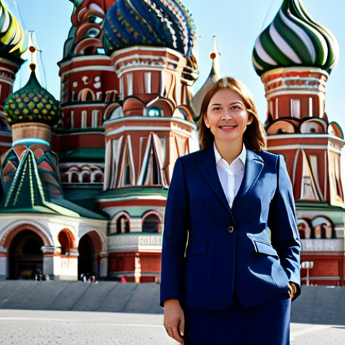 Home 25 **
A professional businesswoman in Moscow, wearing a tailored, modest dark blue business suit, standing in front of the iconic Saint Basil's Cathedral on a sunny day. Fully clothed, appropriate attire, safe for work, perfect anatomy, natural proportions, professional photography, high quality, family-friendly.
**