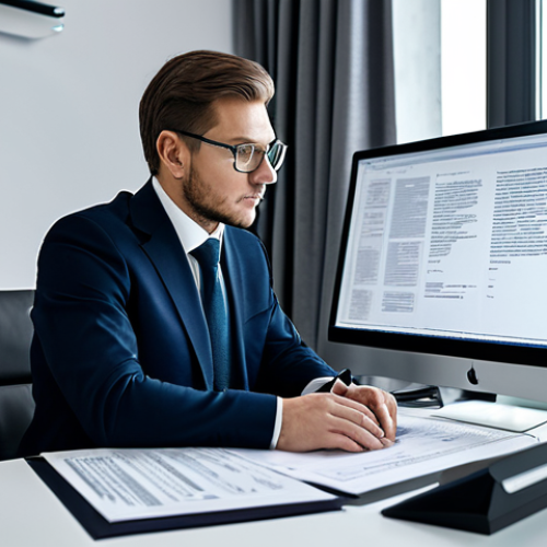 Home 12 Lawyer Analyzing Documents with AI**
"A serious, professional lawyer, fully clothed in a modest, dark business suit, is sitting at a modern desk in a well-lit Moscow office, analyzing legal documents displayed on a large computer screen. Artificial intelligence software assists with highlighting key clauses. Safe for work. Perfect anatomy, correct proportions, natural pose. The scene emphasizes focus, intelligence, and technological proficiency. Appropriate attire, professional environment, high quality."
**