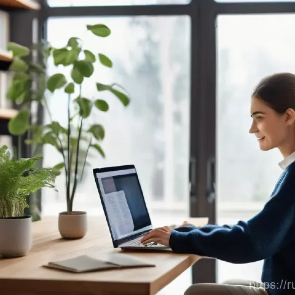 법률 자문가의 업무 개선사항 - A serene and contemporary home office setting within a stylish Russian apartment. A young Russian wo...