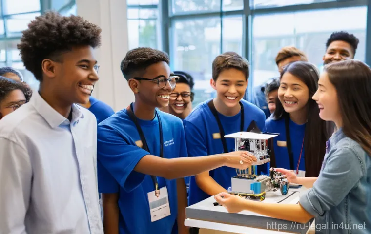 법률 자문가의 직무 스킬 분석 - A cheerful group of diverse high school students, aged around 16-17, gathered at a brightly lit scie...