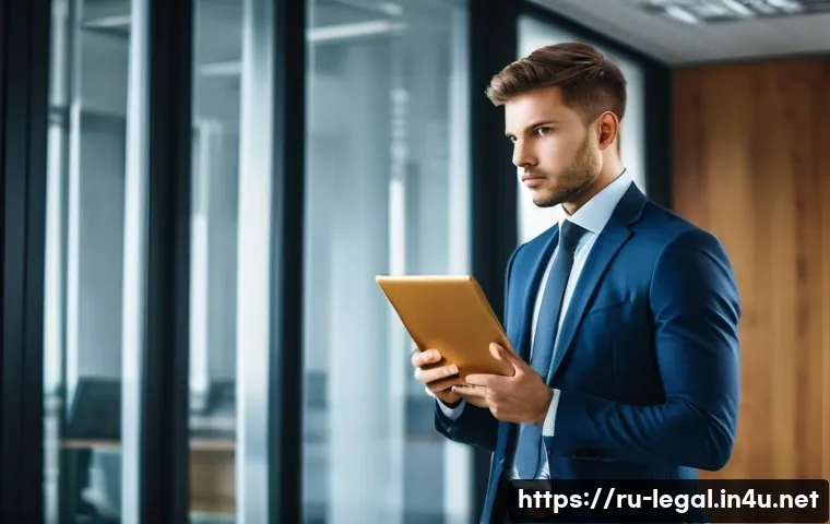 법률자문가 커리어 패스 - **Prompt:** A young, determined professional, dressed in a sharp business suit, stands thoughtfully ...