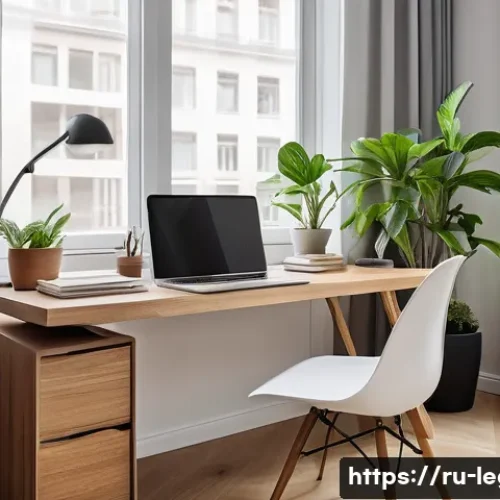 법률 자문가의 업무 집중력 향상 - A modern minimalist home office workspace designed for a Russian legal professional, featuring a cle...