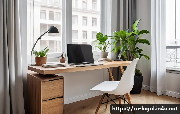 법률 자문가의 업무 집중력 향상 - A modern minimalist home office workspace designed for a Russian legal professional, featuring a cle...