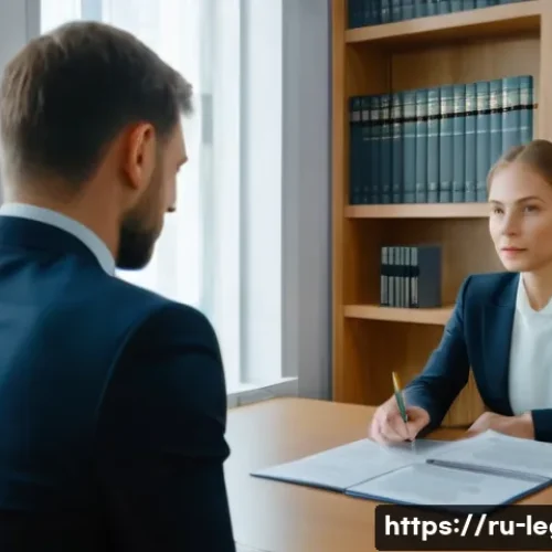 법률 자문가의 법적 대응 - A professional legal consultation scene in a modern Russian law office, featuring a confident male l...