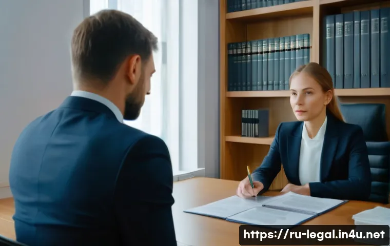 법률 자문가의 법적 대응 - A professional legal consultation scene in a modern Russian law office, featuring a confident male l...