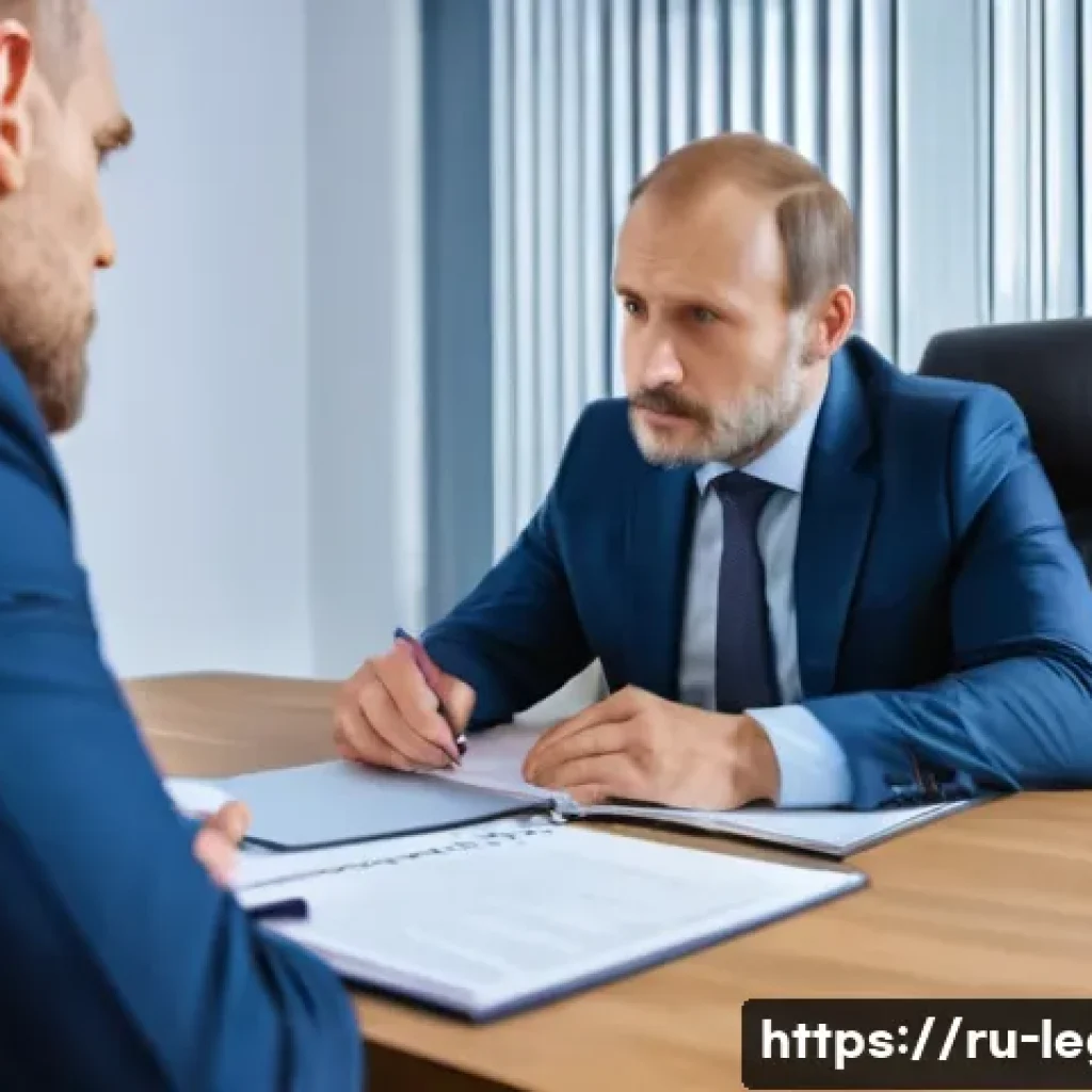 법률 자문가의 실무적 접근법 - A professional lawyer attentively listening to a middle-aged Russian client in a modern, well-lit of...