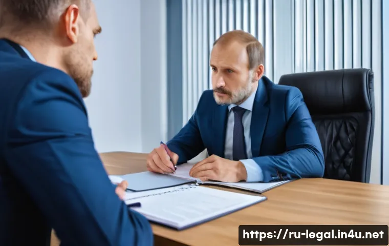 법률 자문가의 실무적 접근법 - A professional lawyer attentively listening to a middle-aged Russian client in a modern, well-lit of...