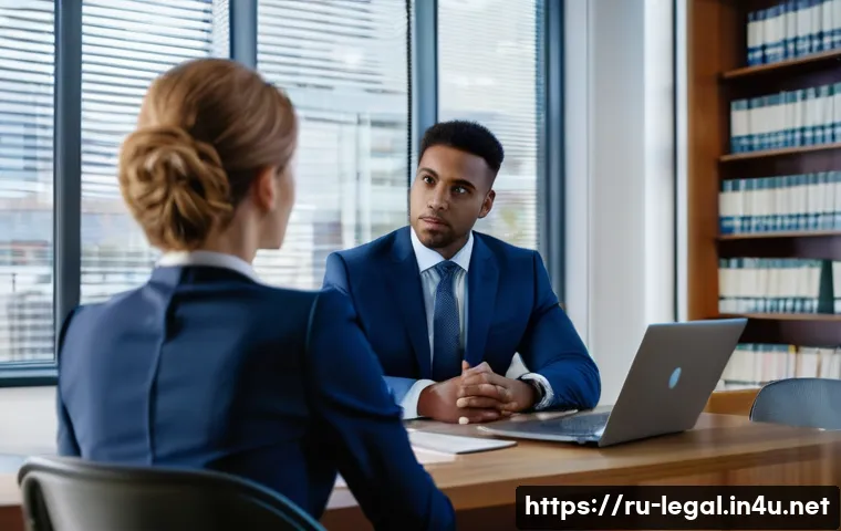 법률 자문가 커뮤니케이션 능력 - A professional legal consultation scene in a modern office setting: a diverse male lawyer in a tailo...