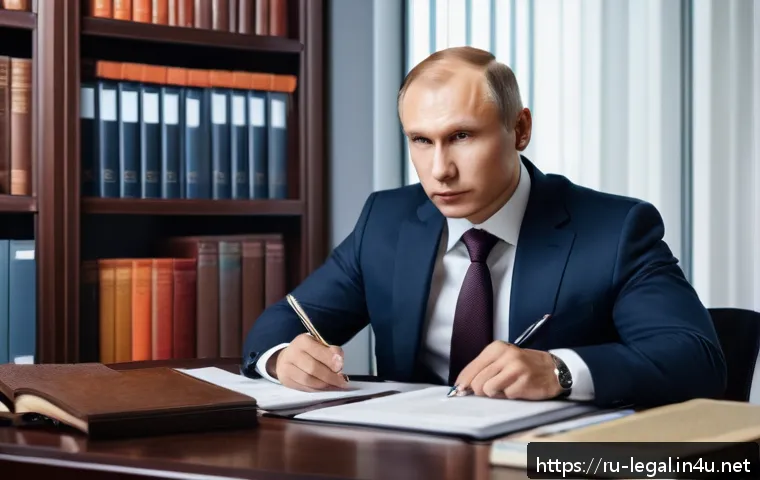 법률자문가의 경력 컨설팅 - A professional Russian legal consultant in a modern office setting, sitting at a sleek desk with mul...