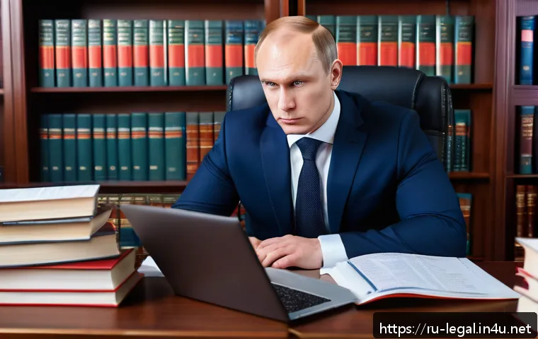 법률 자문가의 성공적인 업무 수행 - A professional Russian lawyer in a modern office, thoughtfully analyzing complex legal documents on ...