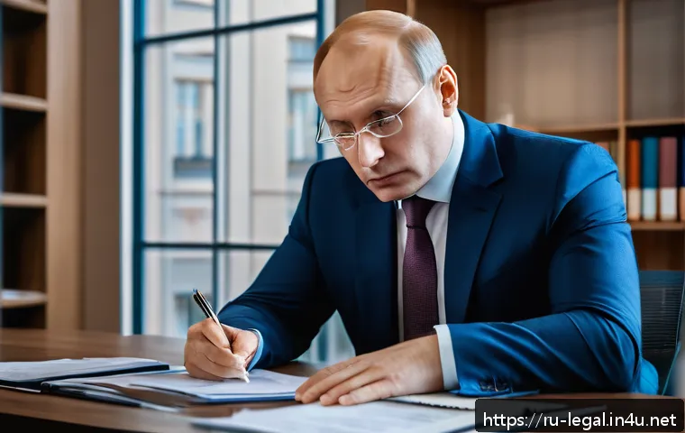 법률 자문가의 법률문제 해결 방법 - A professional Russian lawyer in a modern office setting, carefully examining legal documents and di...