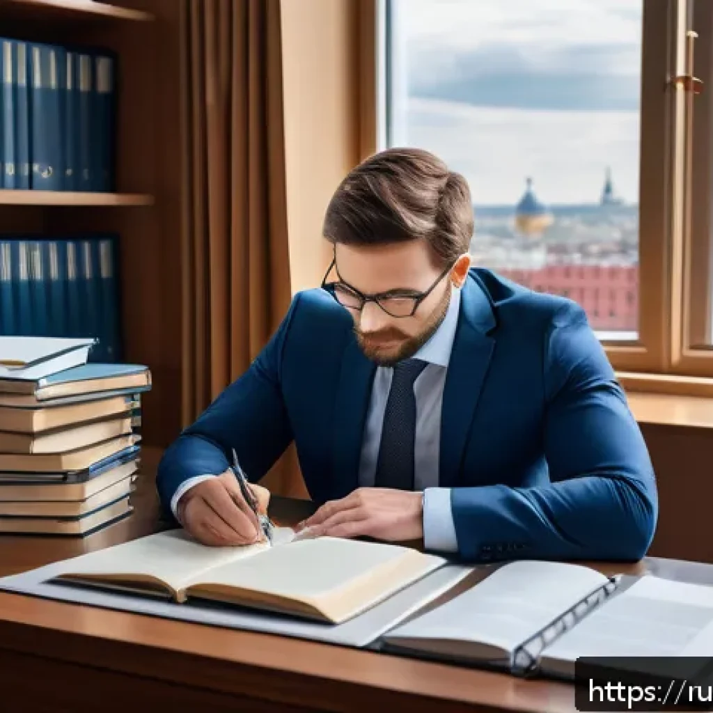 법률 자문가의 법률적 분석법 - A professional legal expert sitting at a modern office desk in Moscow, surrounded by multiple open l...