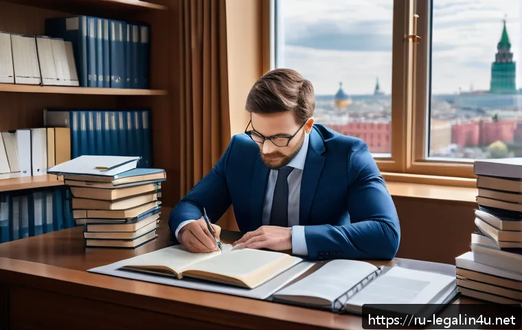 법률 자문가의 법률적 분석법 - A professional legal expert sitting at a modern office desk in Moscow, surrounded by multiple open l...