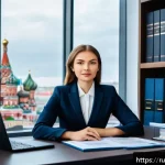 Home 22 법률자문가의 경력 개발 계획 - A modern law office interior featuring a young professional Russian lawyer in smart business attire,...