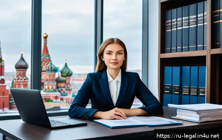 법률자문가의 경력 개발 계획 - A modern law office interior featuring a young professional Russian lawyer in smart business attire,...