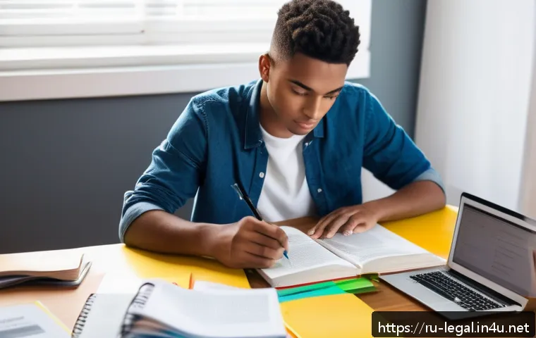 법률 자격증 응시 준비 - A focused young adult studying at a clean, organized desk in a cozy, well-lit room with natural ligh...