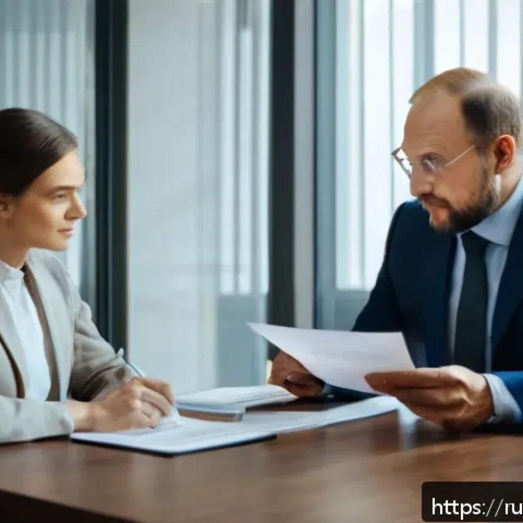 법률 자문가의 실무 경험 공유 - A professional Russian legal consultant in a modern office setting, attentively reviewing a detailed...