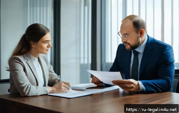 법률 자문가의 실무 경험 공유 - A professional Russian legal consultant in a modern office setting, attentively reviewing a detailed...