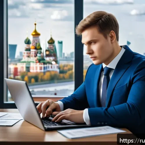 Home 17 법률자문가의 커리어 목표 설정 - A modern Russian lawyer in a professional office setting, dressed in a sharp business suit, working ...