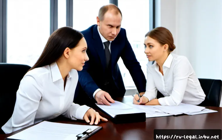 Home 17 법률 자문가의 동료와 협업하는 법 - Photorealistic Russian legal office collaboration, a legal advisor and two professional colleagues s...