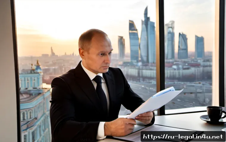 법률 자문가 경력 관리 - Photorealistic career planning scene for a Russian legal advisor, confident middle-aged professional...