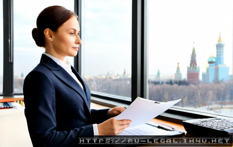 법률 자문가의 이직 팁 - Photorealistic Russian legal advisor in a tailored business suit reviewing a blank portfolio and org...