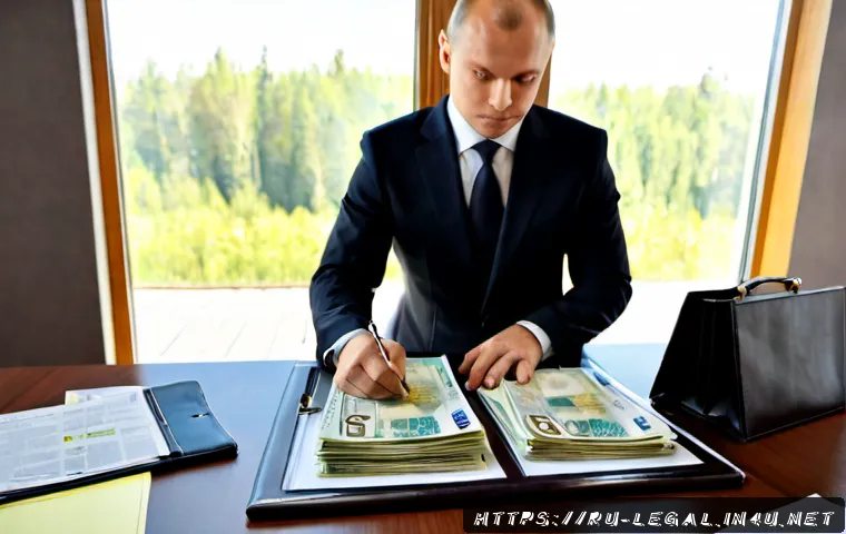 법률 자문가의 경력과 연봉 상관관계 - Photorealistic Russian legal adviser in a tailored business suit working at a polished office desk, ...