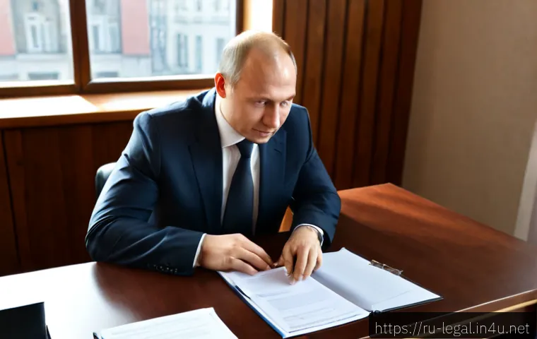 Home 17 법률 자문가의 법적 문제 해결법 - Photorealistic Russian legal advisor in a modern Moscow-style law office, calmly explaining a practi...