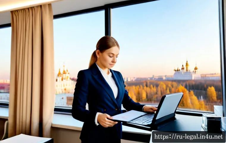 Home 17 법률자문가의 업무 개선 - Photorealistic modern legal advisor workspace in Moscow, Russian-speaking professional in smart busi...