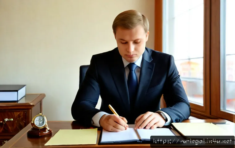 Home 17 법률 자문가의 목표 설정 방법 - Photorealistic Russian legal advisor in a tailored business suit setting clear professional goals at...