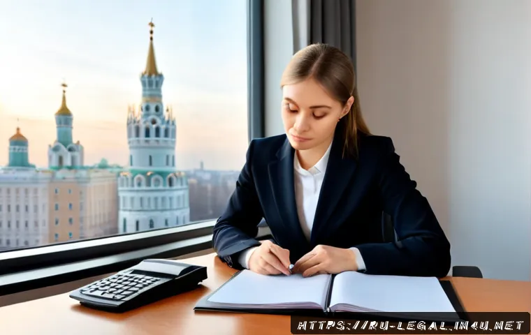 Home 17 법률 자문가의 능력 향상 팁 - Photorealistic Russian legal advisor in a tailored business suit reviewing an organized case file be...
