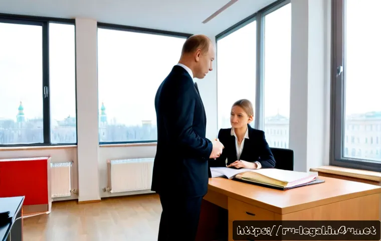 Home 17 법률 자문가의 커리어 발전 - Photorealistic career advancement scene for a Russian legal adviser: confident mid-career profession...